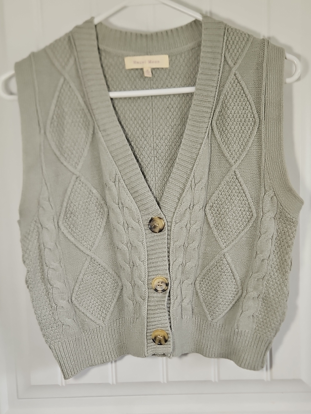 Button-Front Cable Knit Sweater Vest in Sage Green